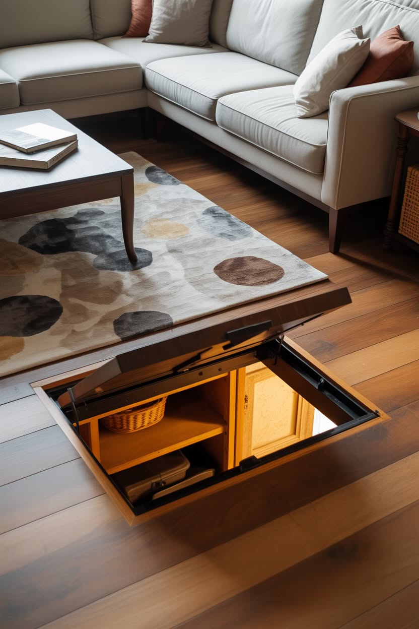 Living room with floor panel lifting to reveal hidden storage compartment under rug