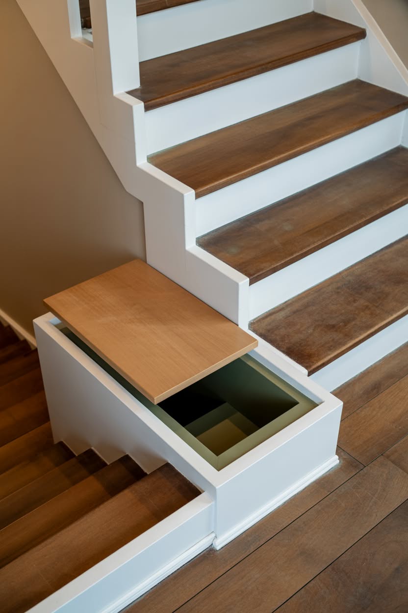 White staircase with hidden drawer built into bottom step