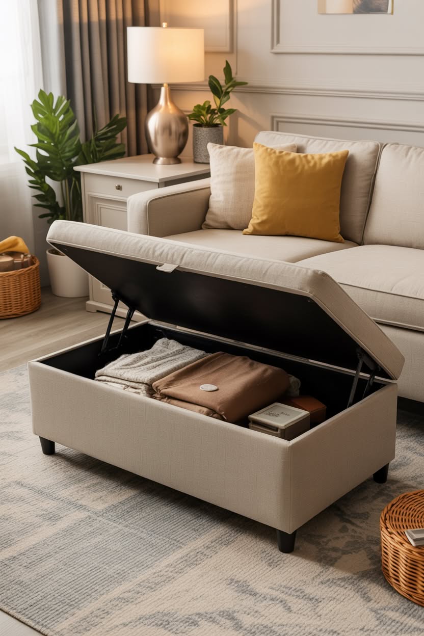 Beige upholstered ottoman with lift-top revealing storage space inside