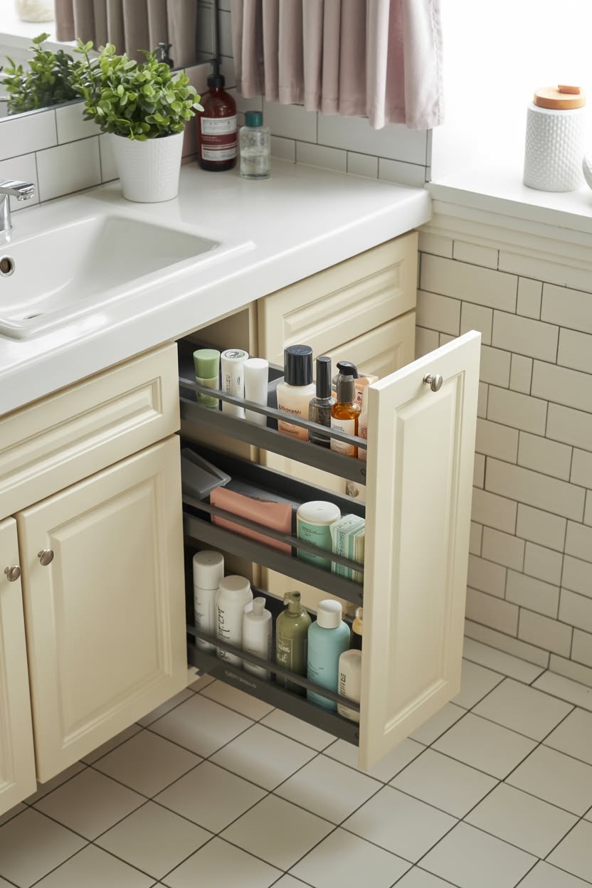 Bathroom vanity with narrow pull-out drawer for toiletry storage