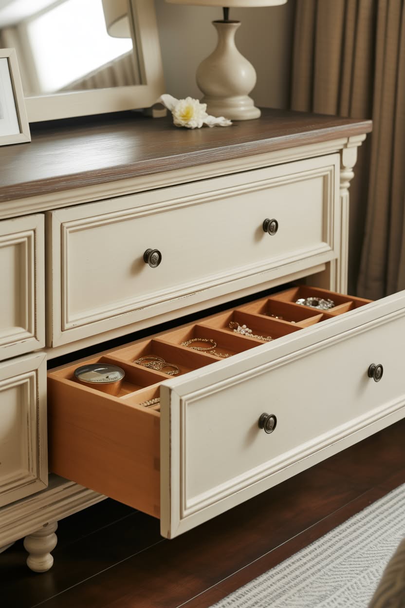 White dresser with hidden jewelry drawer behind decorative panel