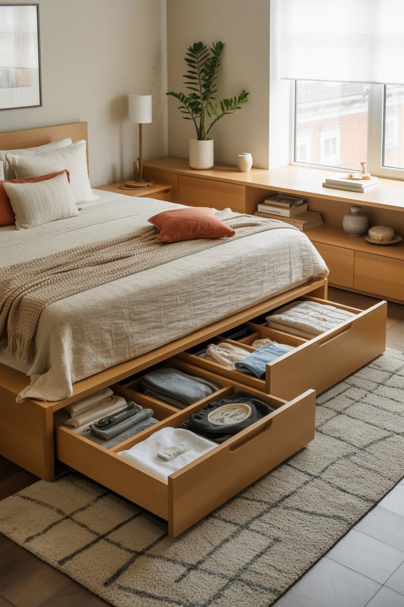 Modern platform bed with multiple pull-out storage drawers underneath