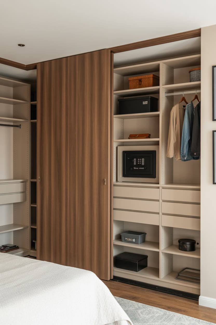 Bedroom closet with sliding wood panel hiding built-in safe and storage