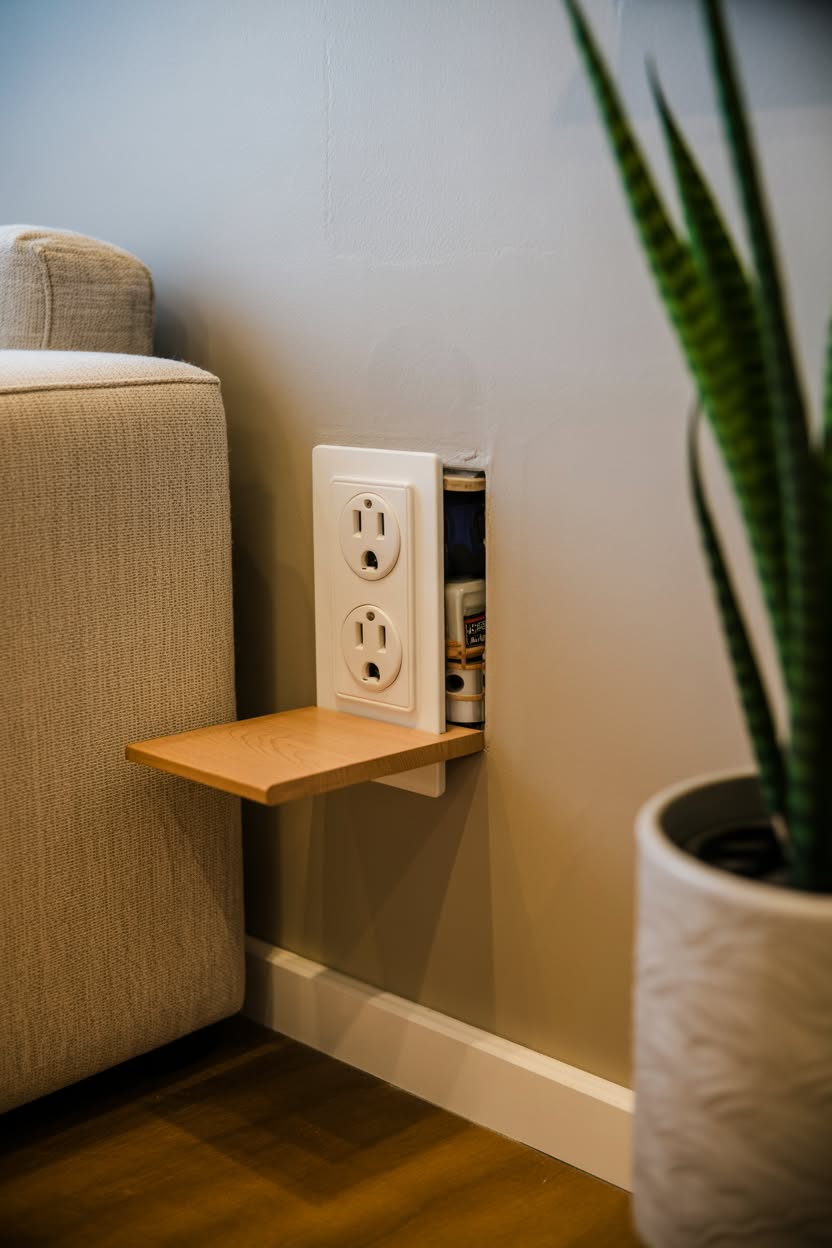 Fake electrical outlet that opens to reveal hidden storage compartment behind couch