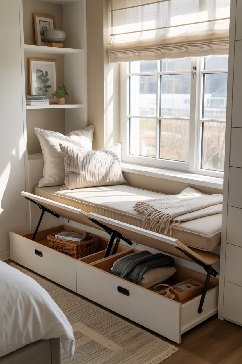 Window reading nook with lift-up bench revealing hidden storage drawers