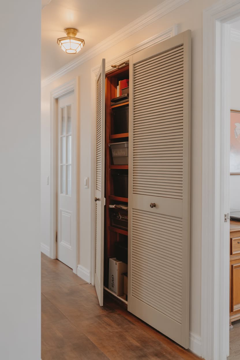 Hallway with louvered doors opening to reveal hidden storage shelves