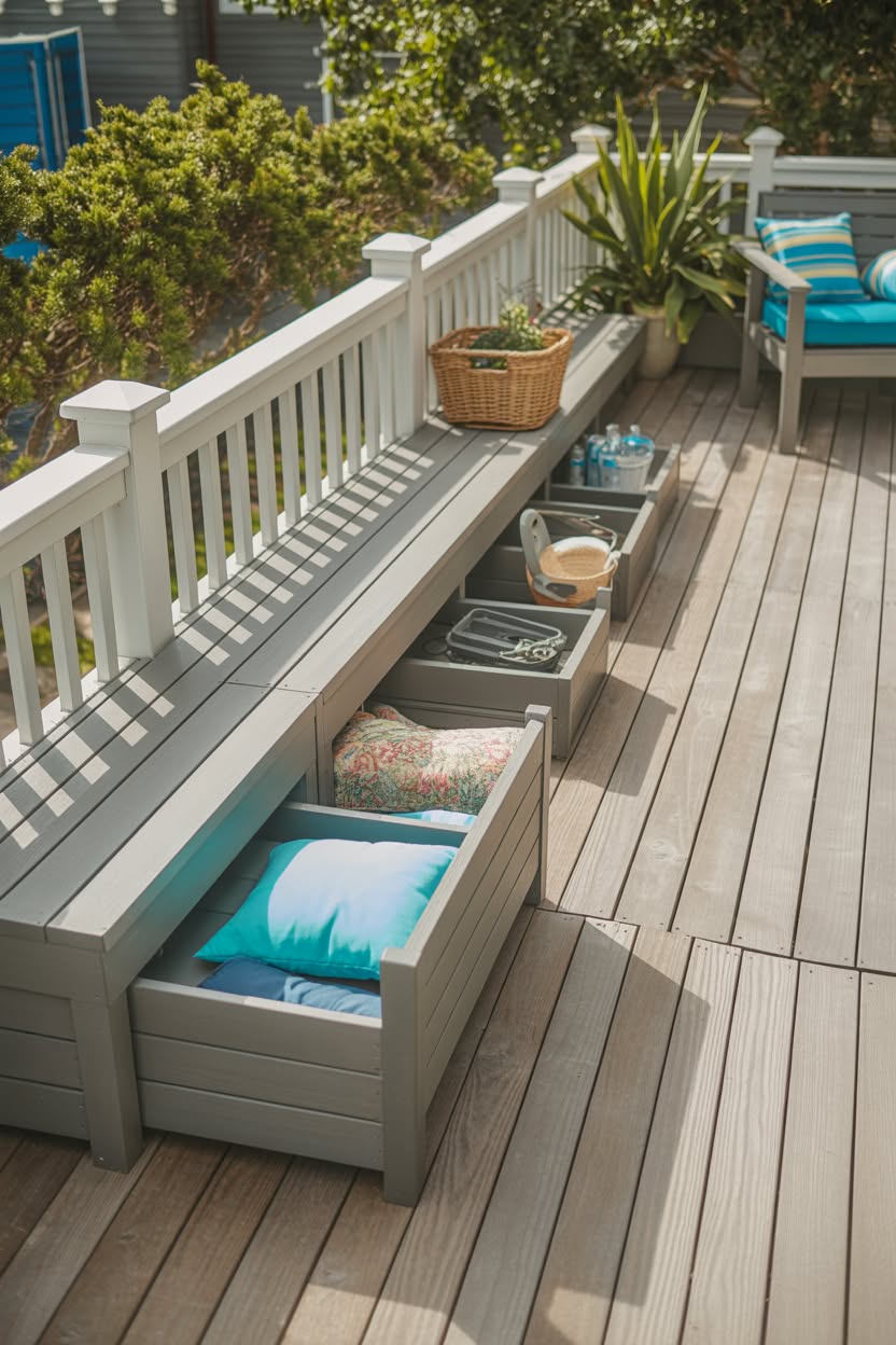 Outdoor deck bench with pull-out storage drawers underneath