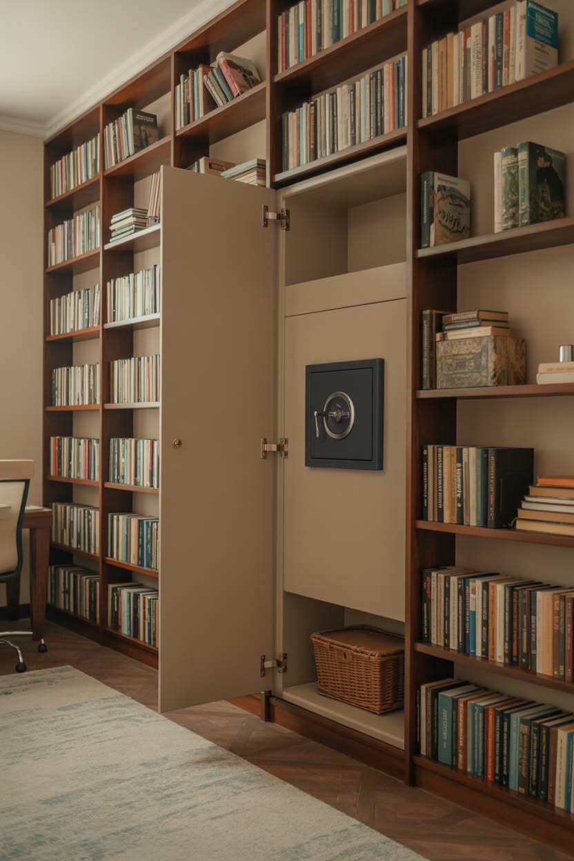 Built-in bookshelf with hidden safe behind movable panel