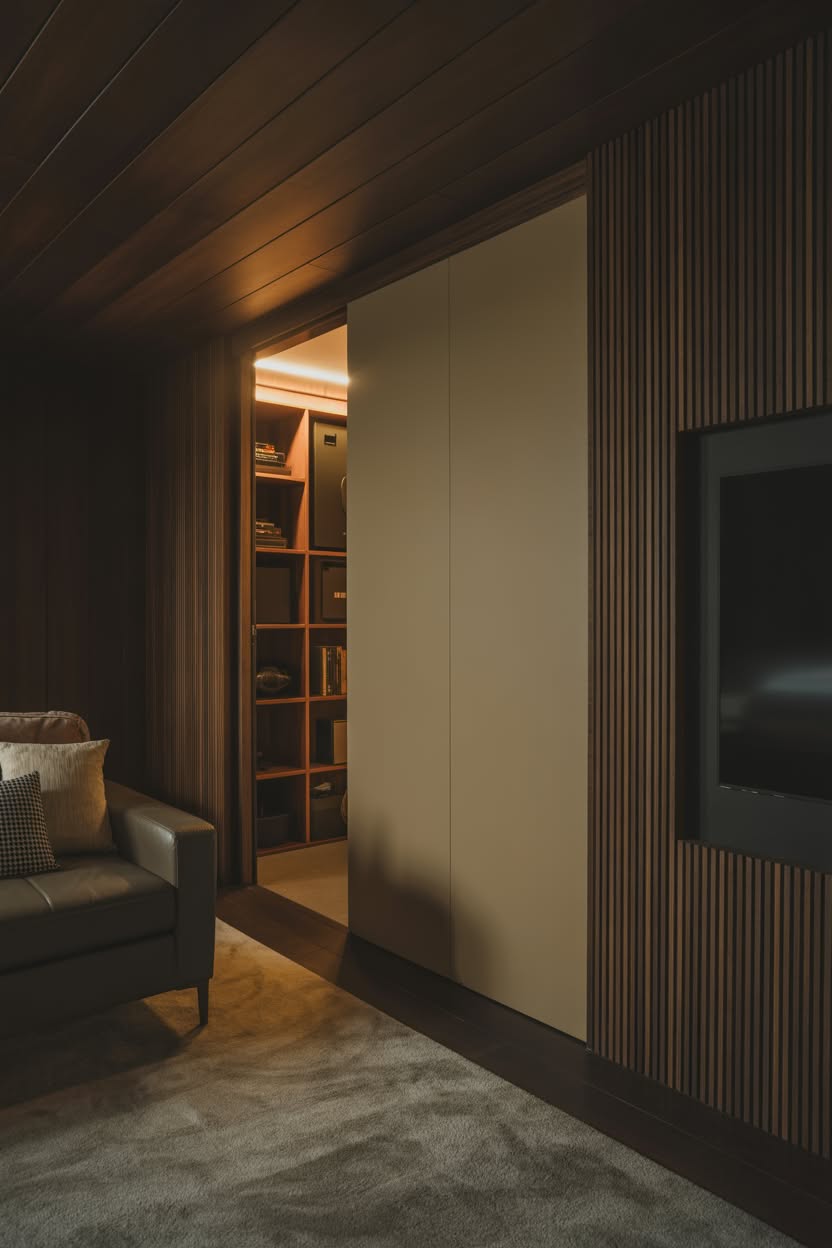 Dark modern room with sliding wall panel revealing hidden storage shelves
