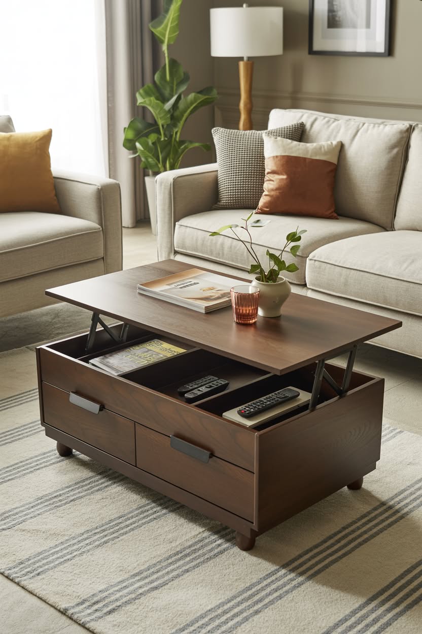 Brown wooden coffee table with lift-up top revealing storage compartments
