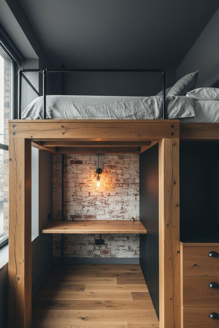 modern loft bed Ideas - oak beams with steel railings