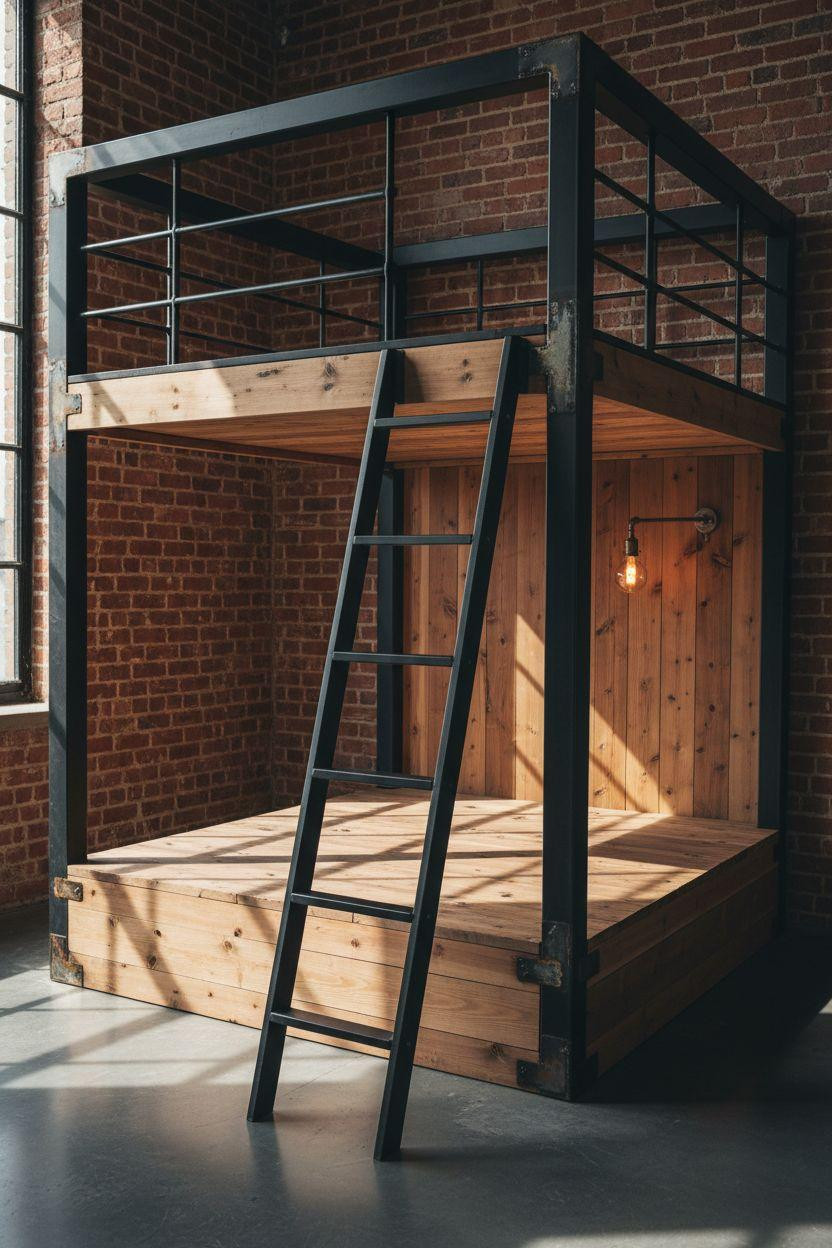 modern loft bed Ideas - matte black with cedar platform