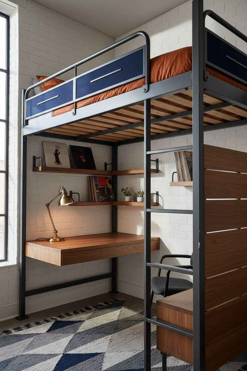 modern loft bed Ideas - charcoal frame with walnut and navy accents