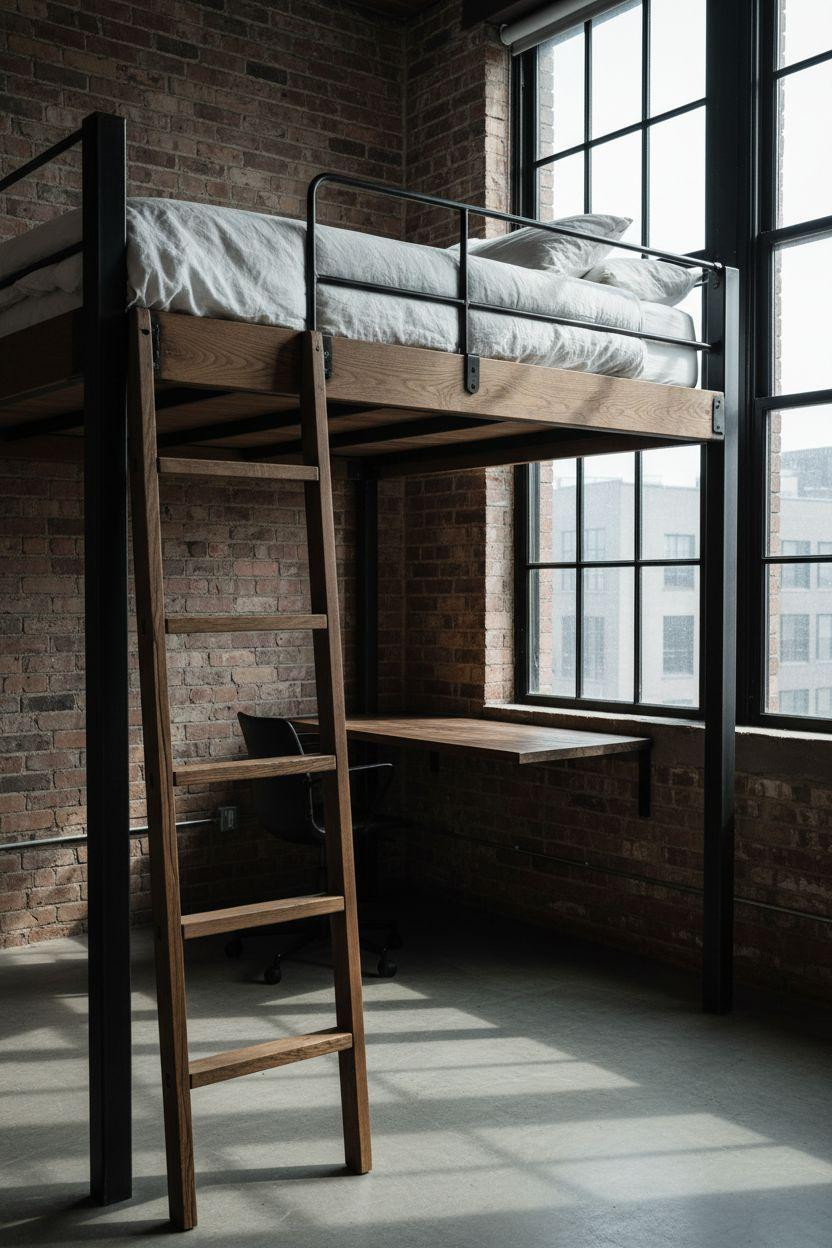 modern loft bed Ideas - welded steel with reclaimed oak