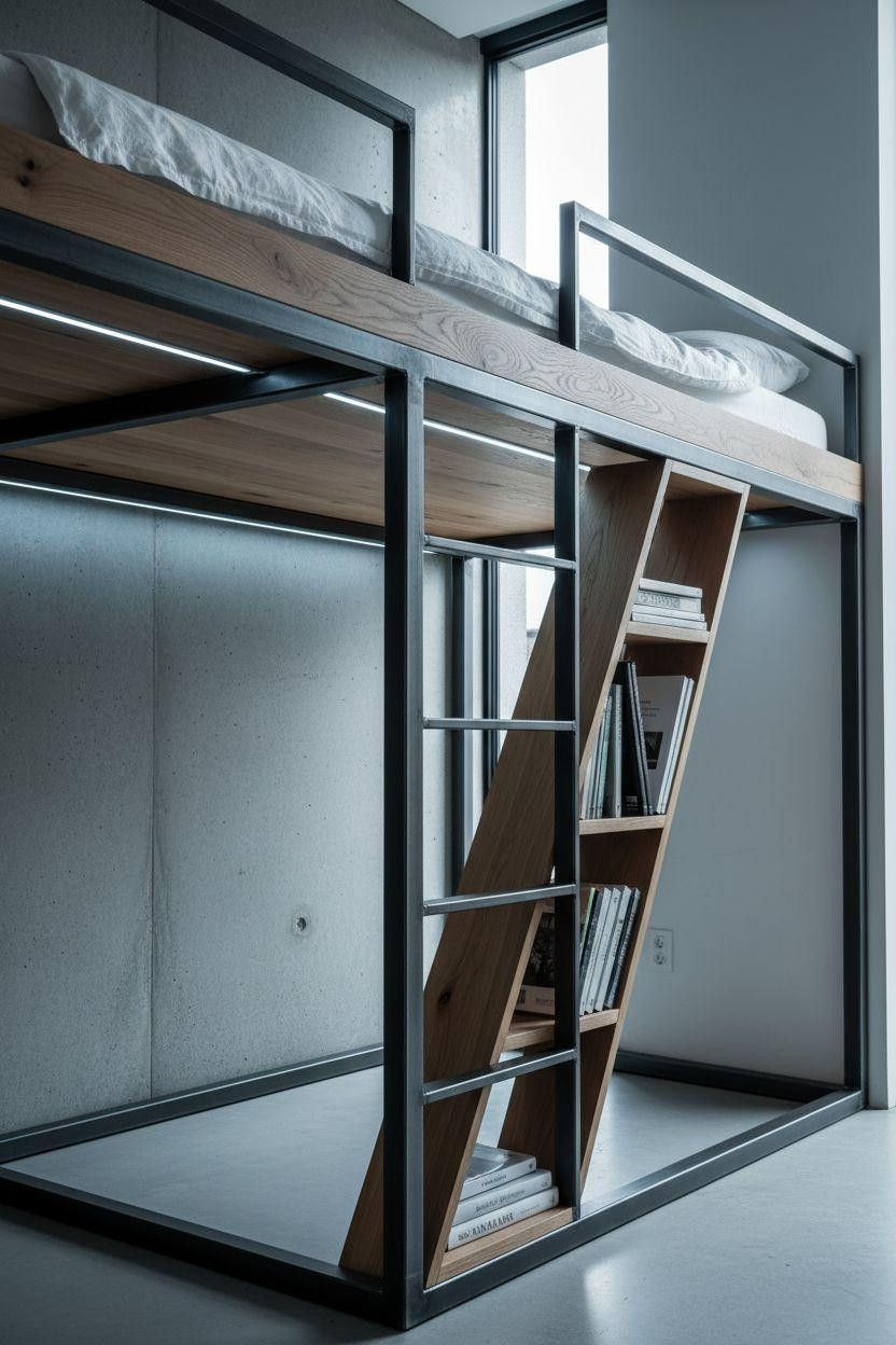 modern loft bed Ideas - steel with oak and LED lighting