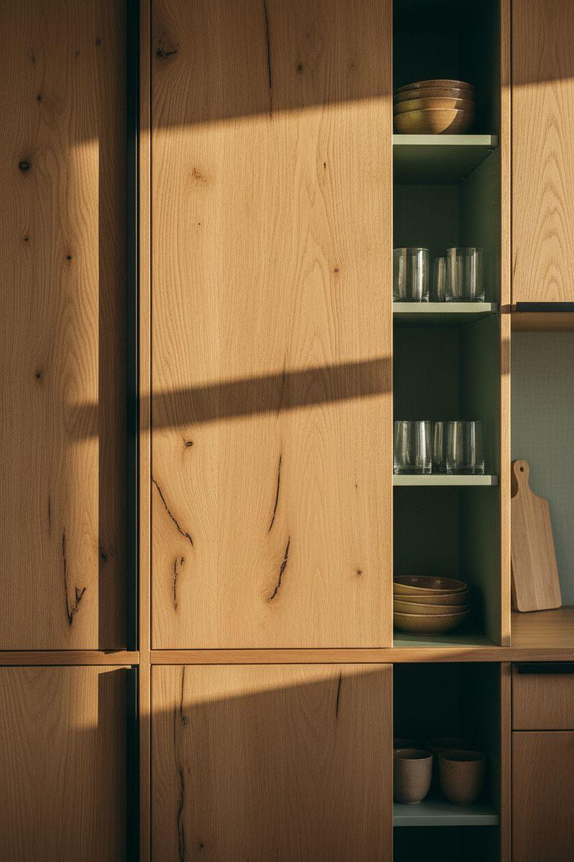 japandi kitchen design cabinets with steel sliding doors