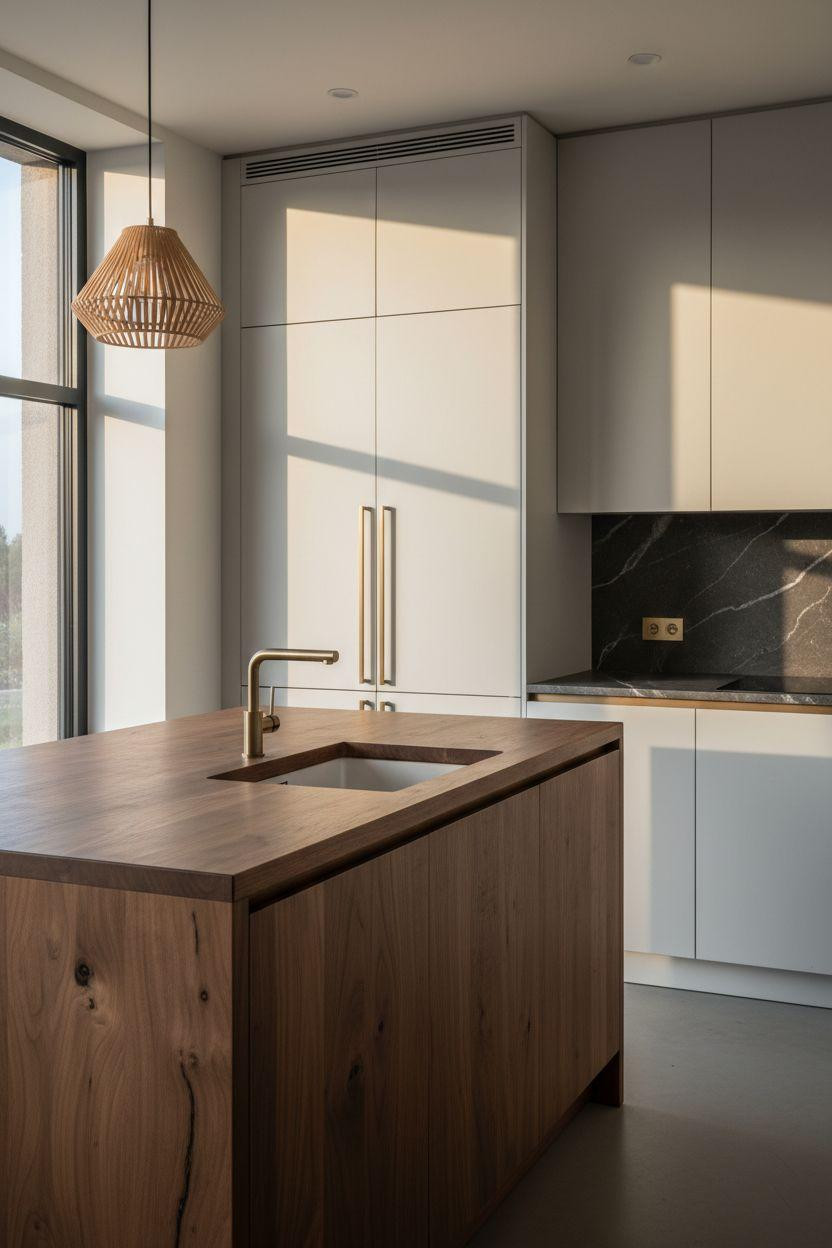 japandi kitchen design with walnut floating island