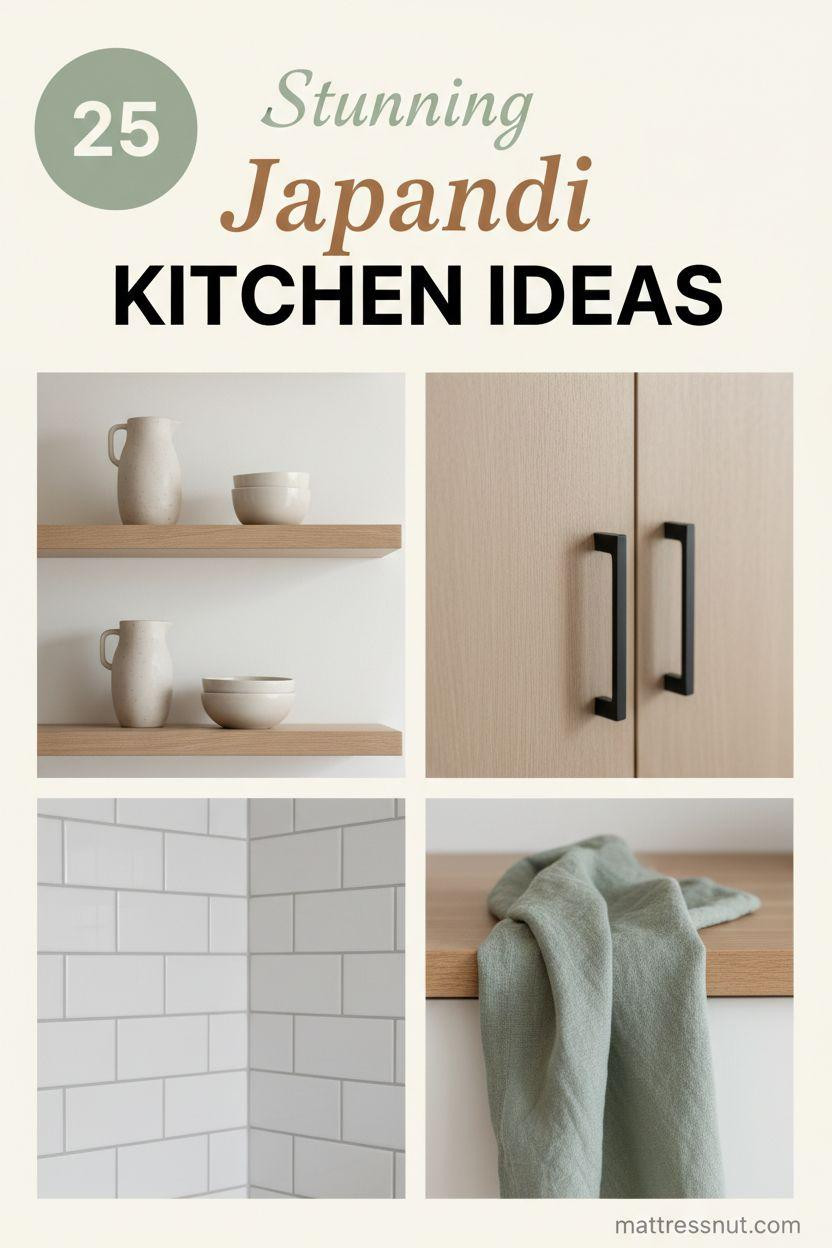 Collage Pinterest board cover showcasing Japandi kitchen elements: light oak floating shelf with ceramics, matte black cabinet hardware, white subway tile backsplash, and sage green linen tea towel in a balanced 2x2 grid. Features top-left sage green badge with white '25', elegant text overlays in cream cursive, walnut brown serif, and bold black caps.