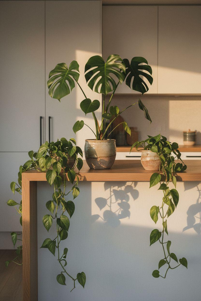 japandi kitchen design island with plants