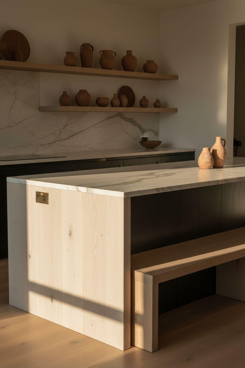 japandi kitchen design island with waterfall edge
