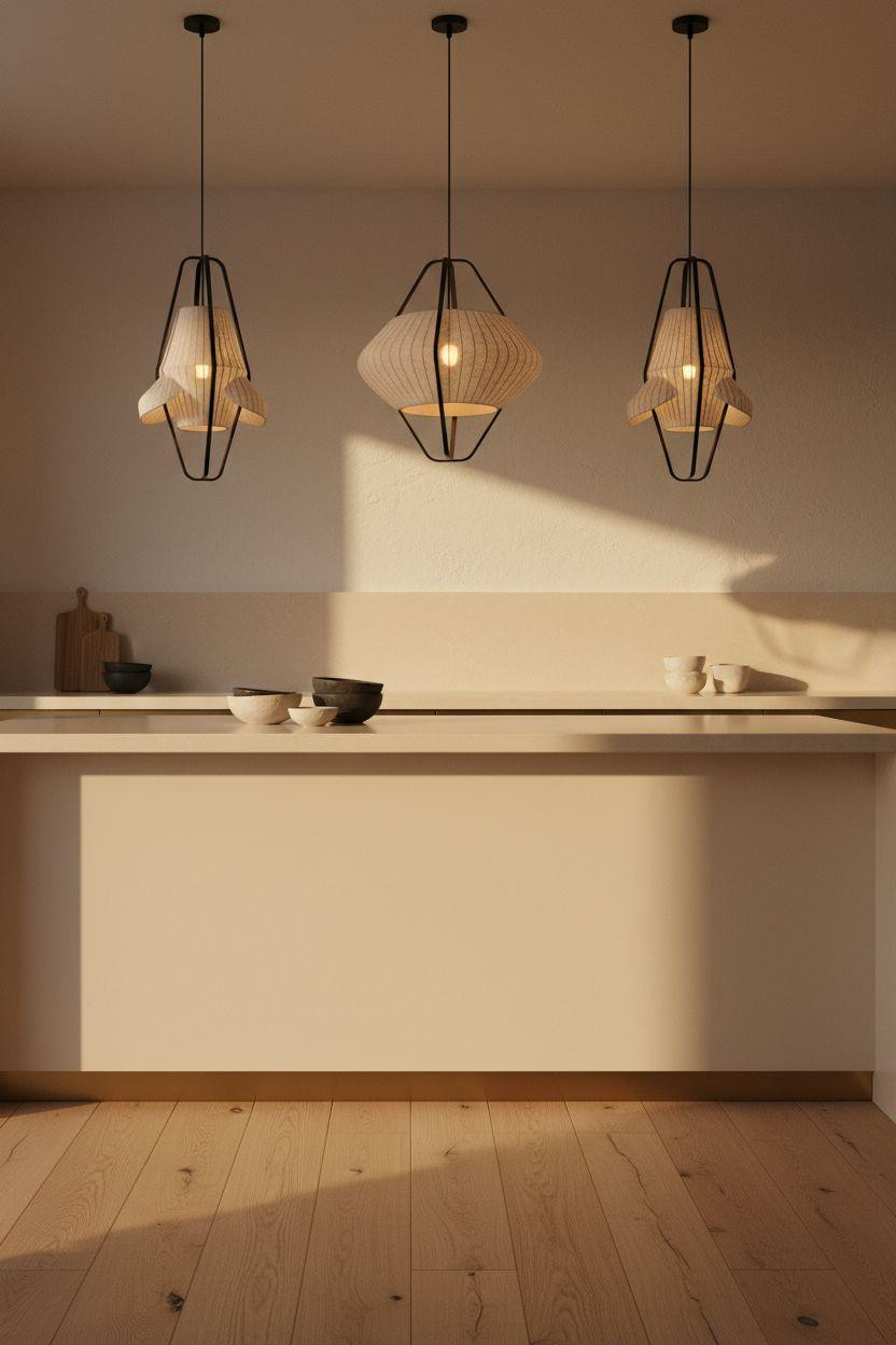 japandi kitchen design with washi paper pendant lights