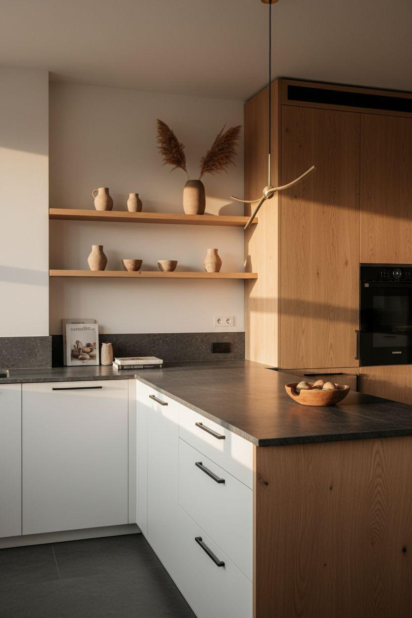 japandi kitchen design with floating oak shelves