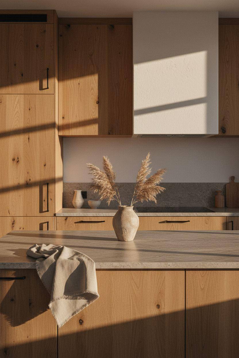 japandi kitchen design minimalist with oak and charcoal