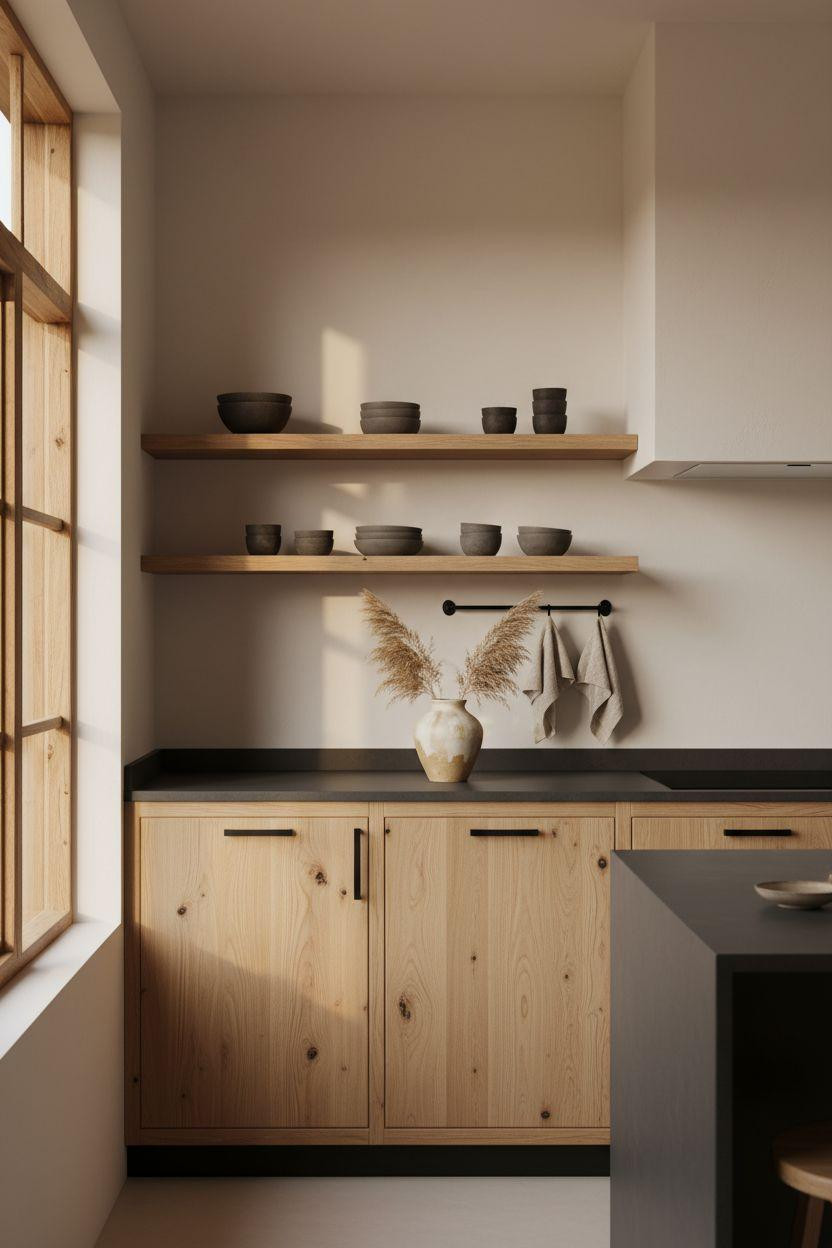 japandi kitchen design with blonde oak and shoji windows