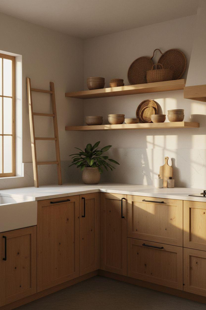 japandi kitchen design with pale oak cabinets