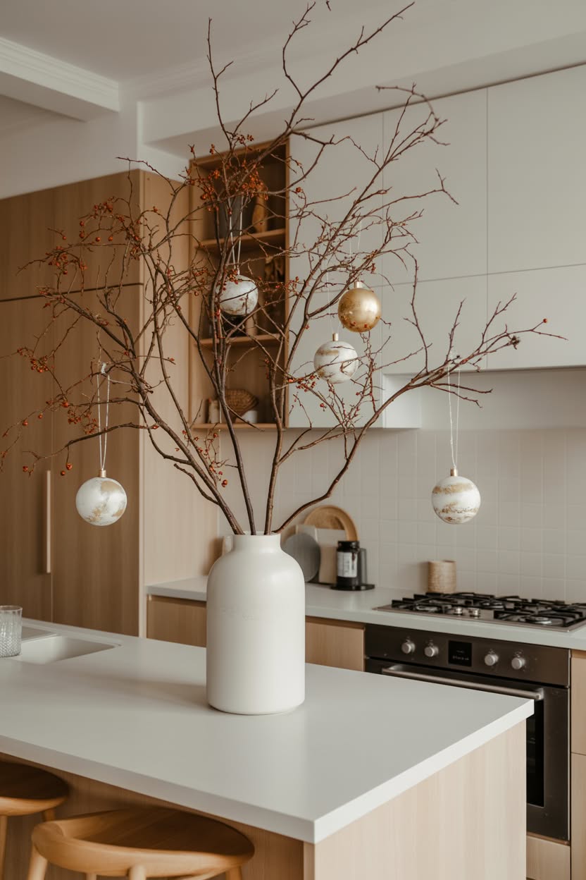 minimalist christmas kitchen island centerpiece with natural branches white vase and hanging ornaments