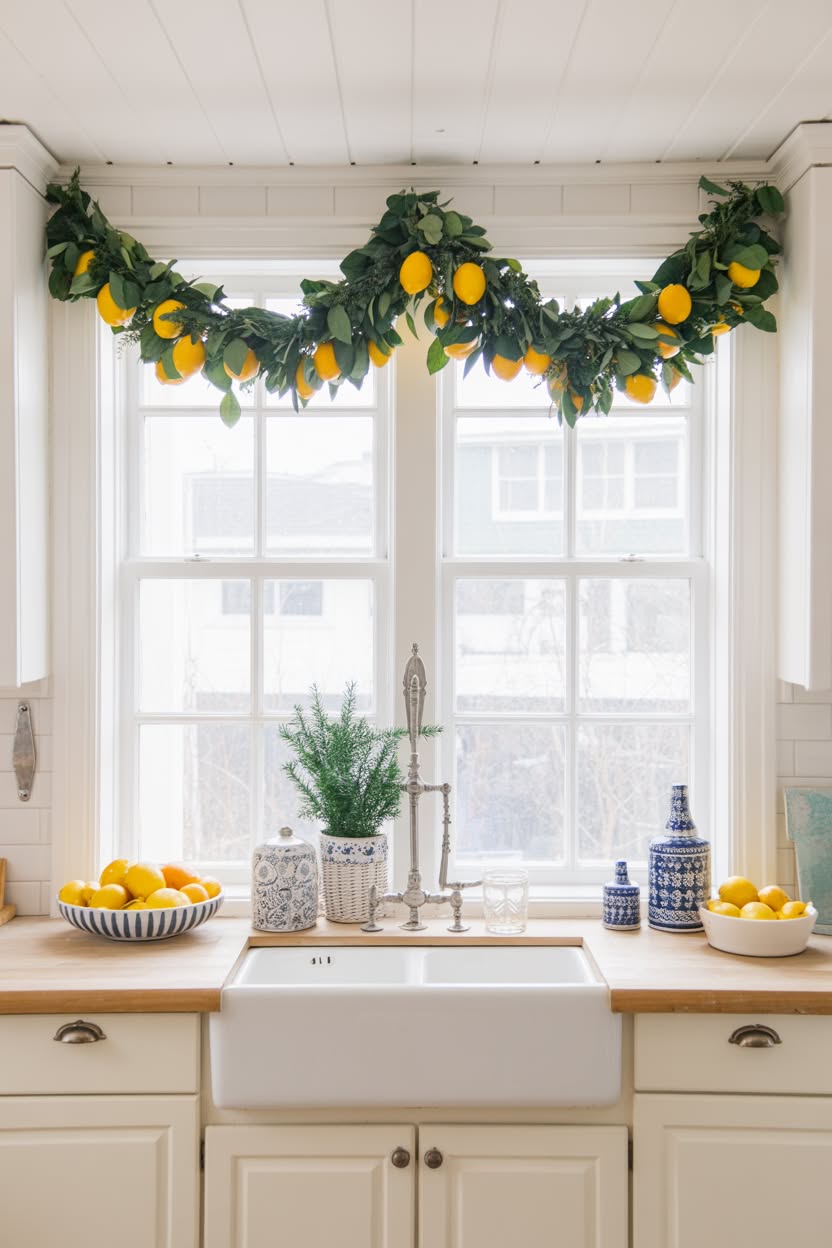 unique christmas kitchen window decoration with fresh lemon and eucalyptus garland