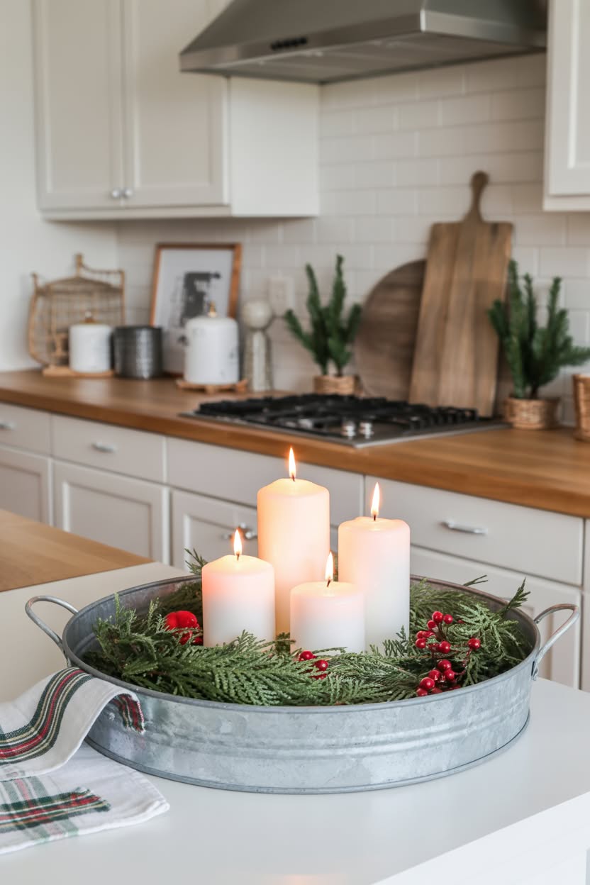 minimalist christmas kitchen island with small evergreen trees in neutral vases and wooden cutting boards