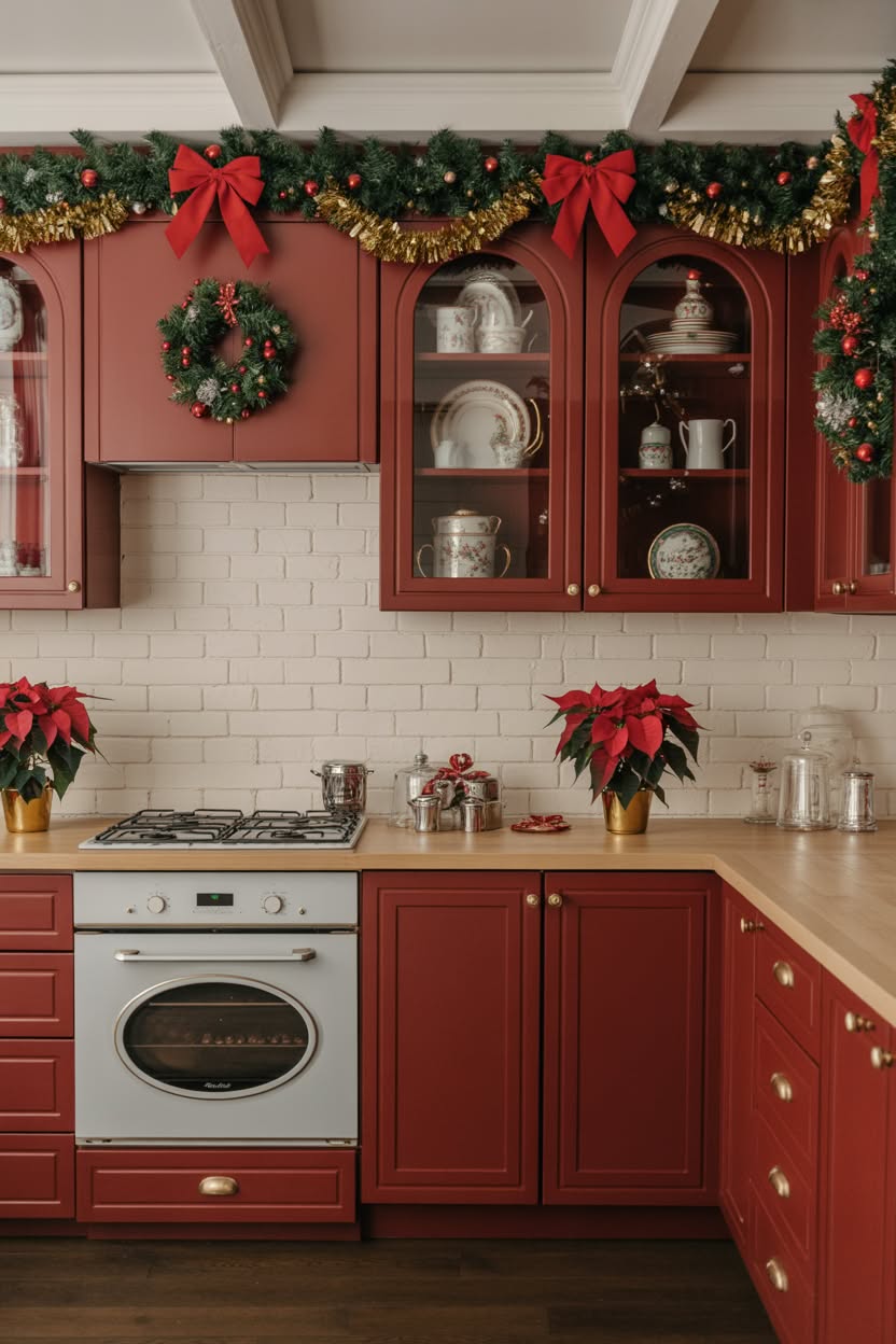 rustic christmas kitchen counter with wooden dough bowl filled with red and gold ornaments pine branches and pinecones