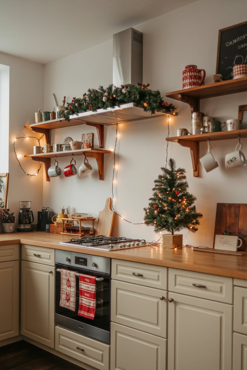 simple christmas kitchen island centerpiece with galvanized metal tray white candles and fresh evergreen