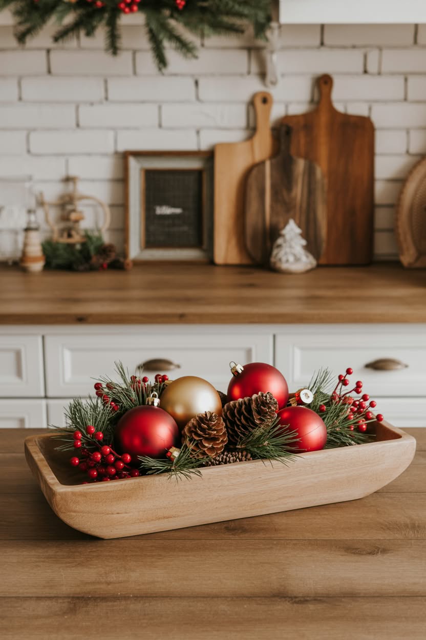 traditional christmas kitchen cabinets in red with evergreen garland gold tinsel and wreath decorations