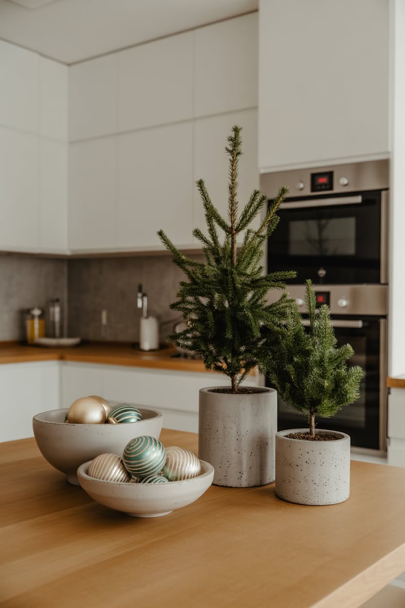 cozy christmas kitchen with wooden open shelves decorated with garland string lights and small christmas tree