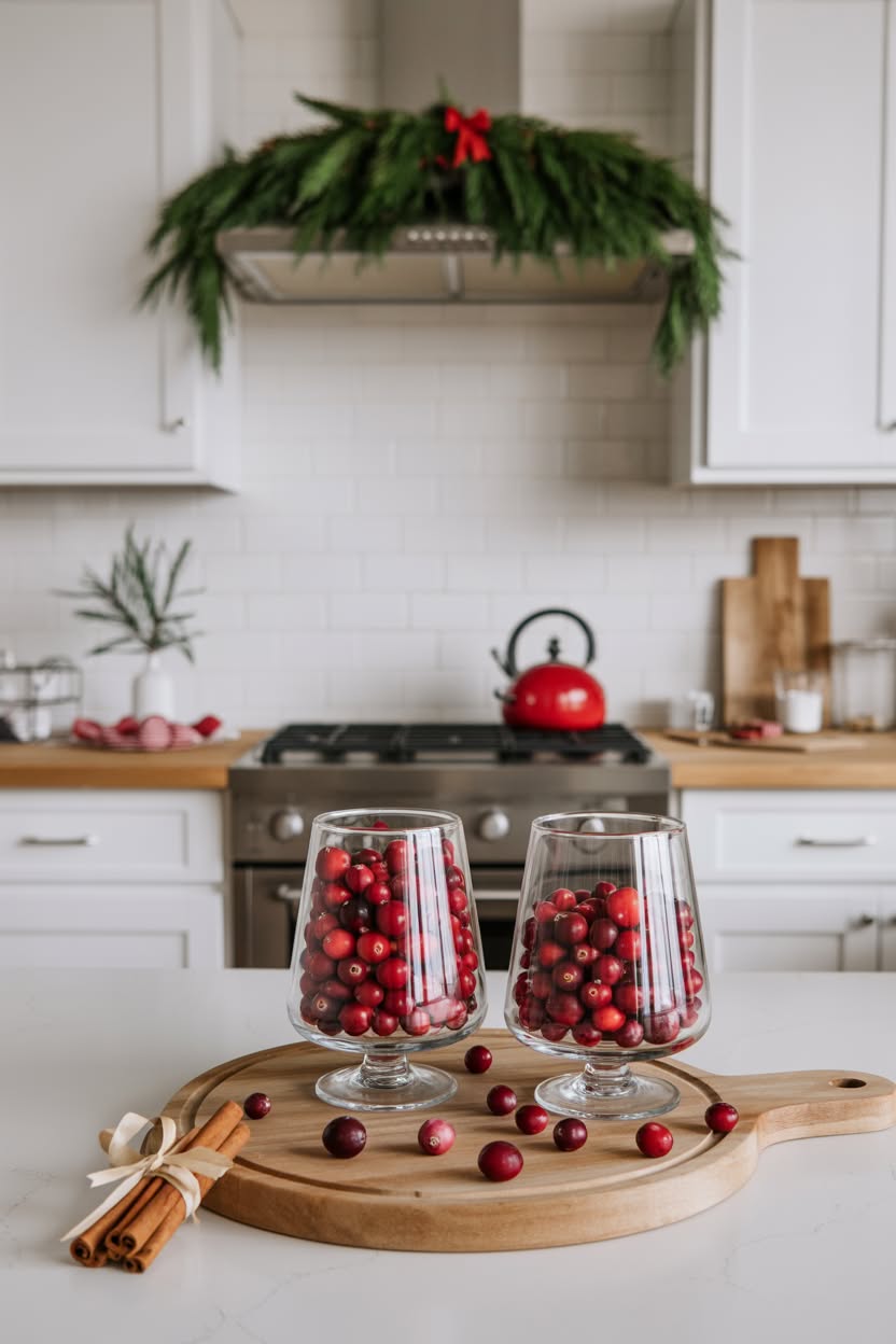 modern christmas kitchen island with concrete planters small evergreen trees and sage green striped ornaments