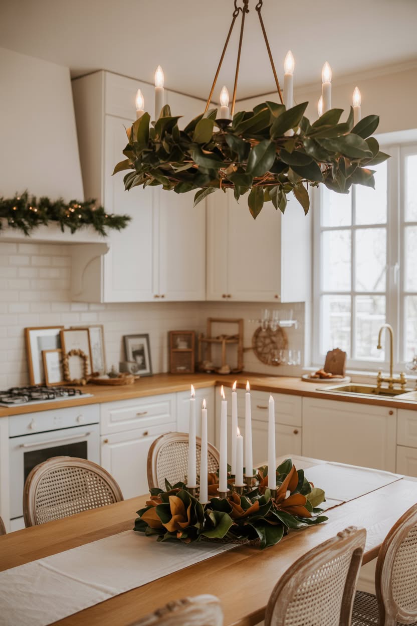 clean white christmas kitchen with fresh evergreen garland draped over range hood and red kettle accent