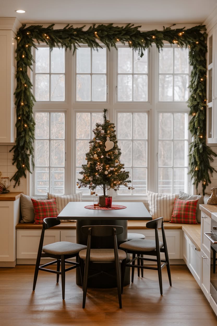 creative christmas kitchen counter with glass vases filled with fresh cranberries and cinnamon stick bundles
