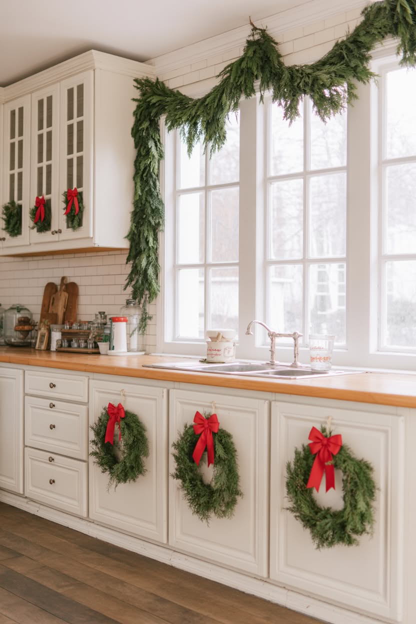 traditional white kitchen with fresh garland over windows and wreath decorations on cabinet doors