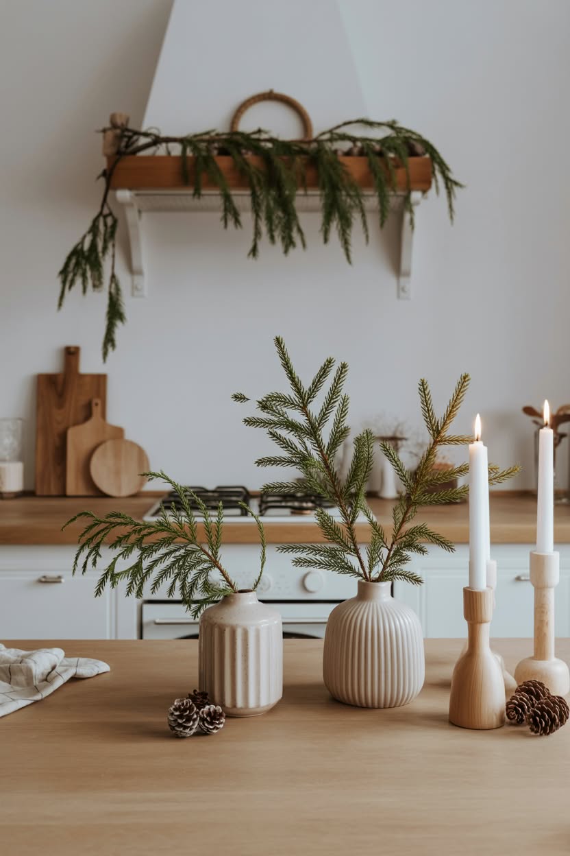 elegant christmas kitchen island centerpiece with magnolia leaves red taper candles and silver ornaments