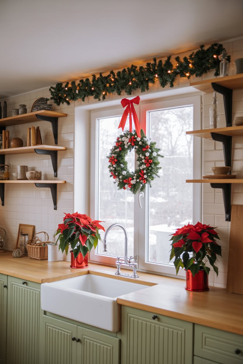 rustic christmas kitchen with copper cookware collection and delicate red berry branch garland on open shelving