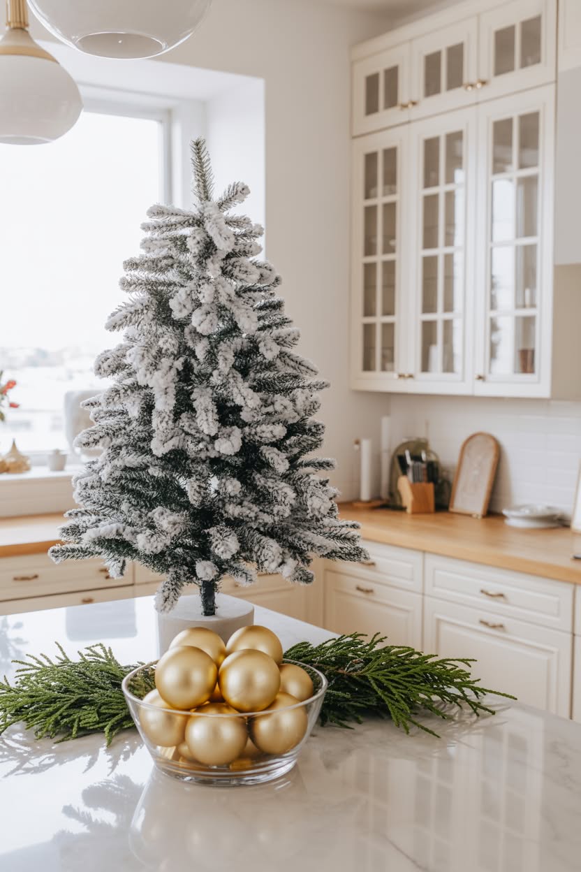 minimalist scandinavian christmas kitchen with evergreen sprigs in neutral vases and wooden candlesticks