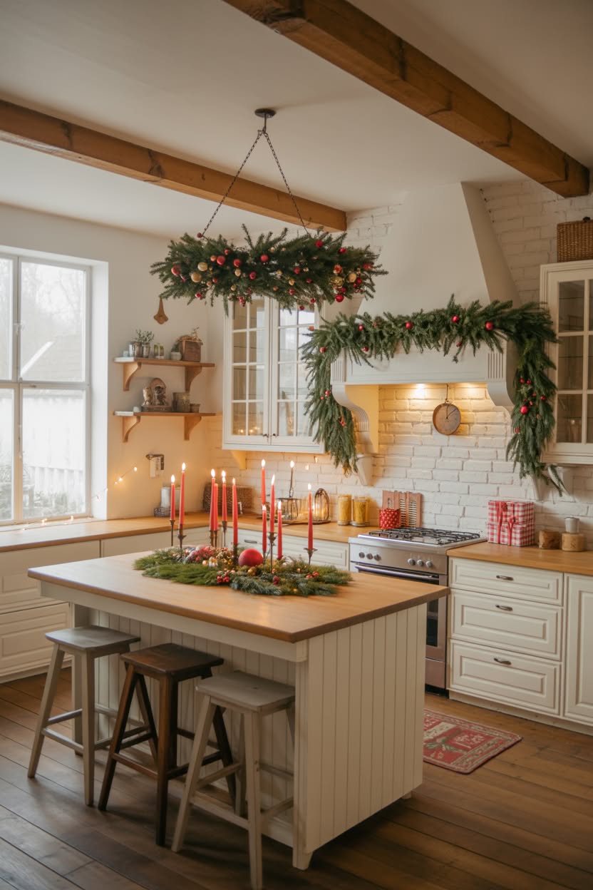 stunning white kitchen with flocked christmas tree and glass bowl filled with gold ornaments on island