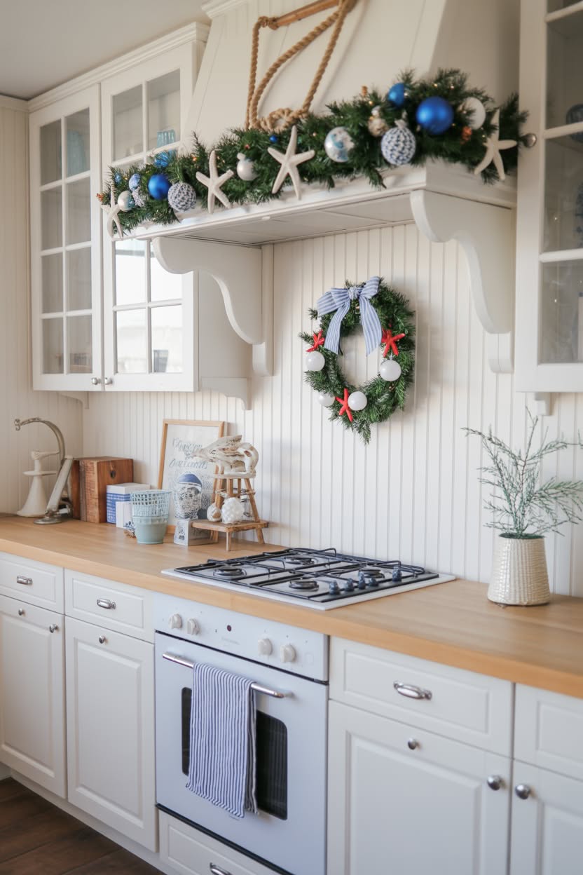 coastal christmas kitchen with blue ornaments starfish decorations and nautical themed wreath