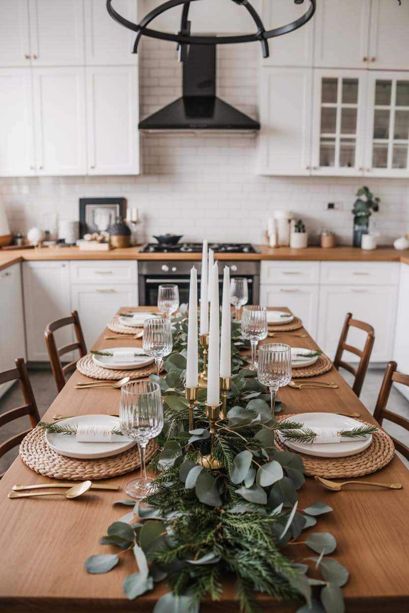 elegant christmas dining room decor with eucalyptus garland gold candlesticks and natural placemats
