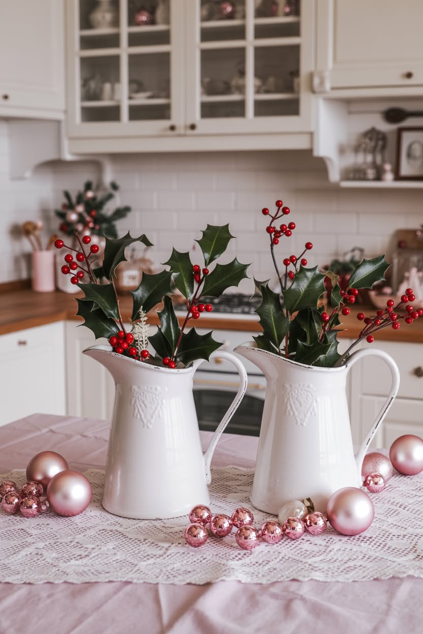 christmas kitchen counter decor with white ceramic pitchers filled with holly berries and pink ornaments