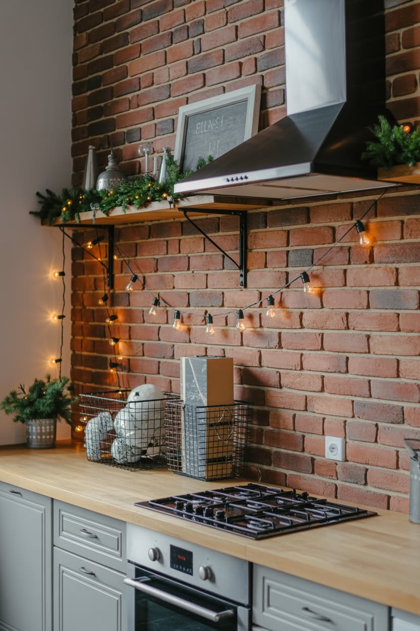 industrial christmas kitchen with exposed brick wall string lights and fresh garland on wooden shelves