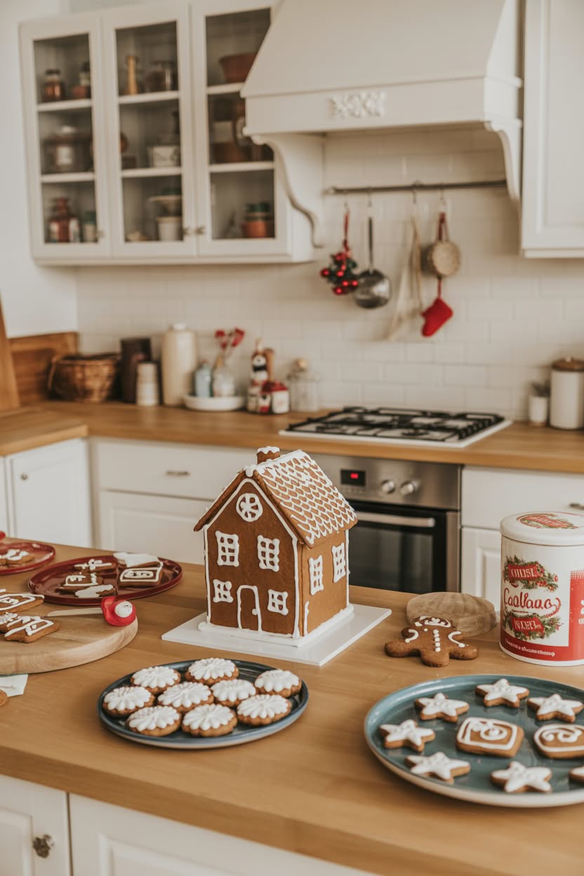 christmas kitchen decorated with gingerbread house display and holiday cookies on wooden countertop