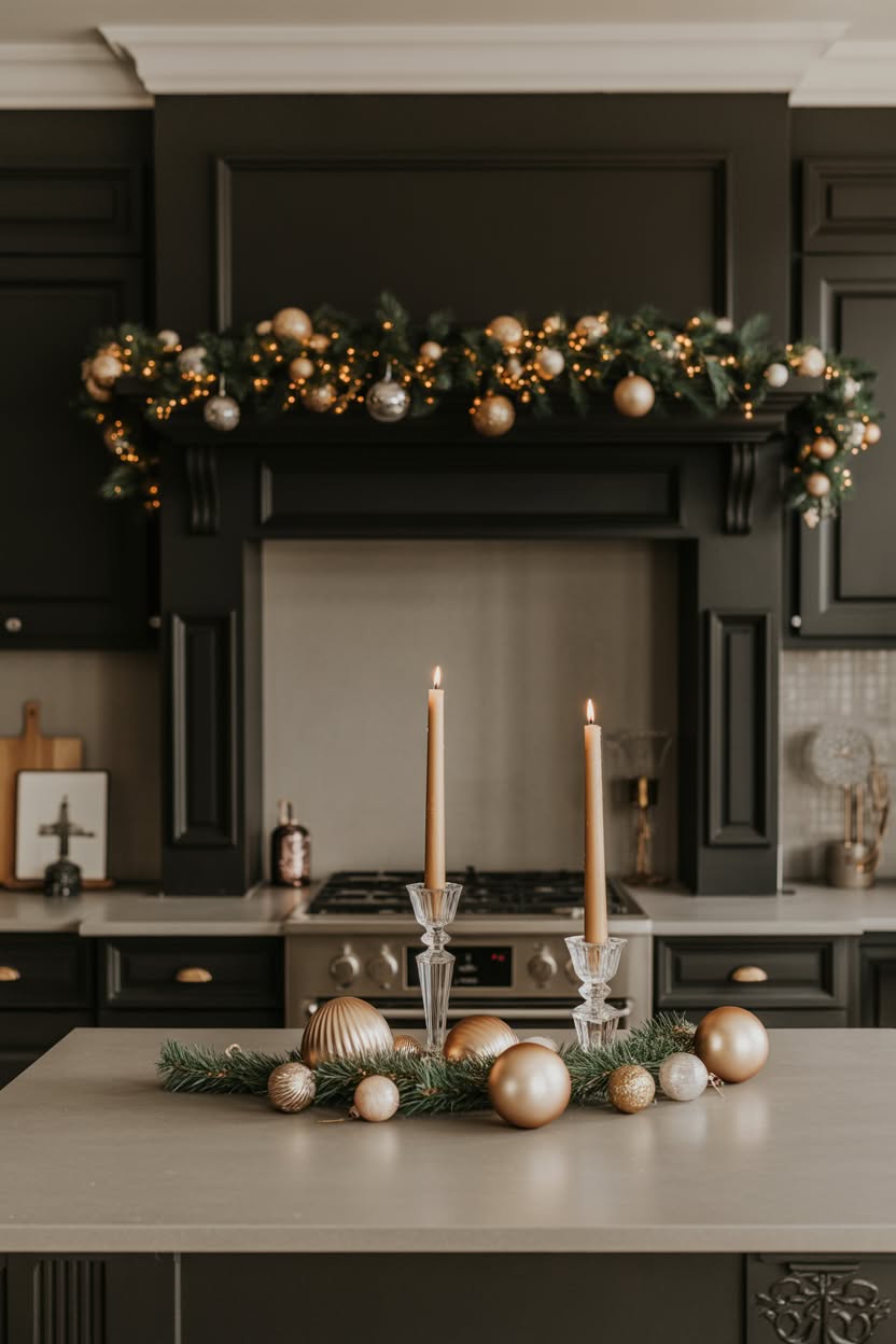 elegant dark green kitchen cabinets decorated with gold and silver ornament garland and twinkling lights